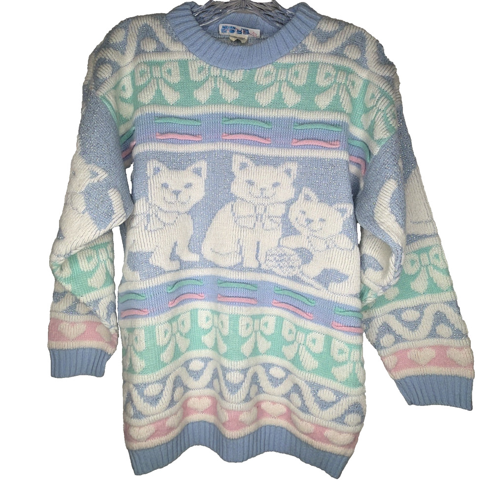 Vtg Rose Kitten Cat Sweater Large Pastel Fairy Kei Cottagecore Coquette 80s USA